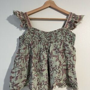 Free People 100% Cotton Floral Smocked Green Top